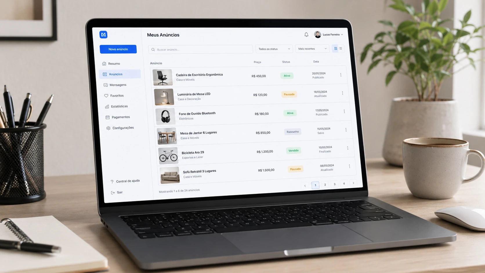 Mockup de gestão de anúncios do Marketplace