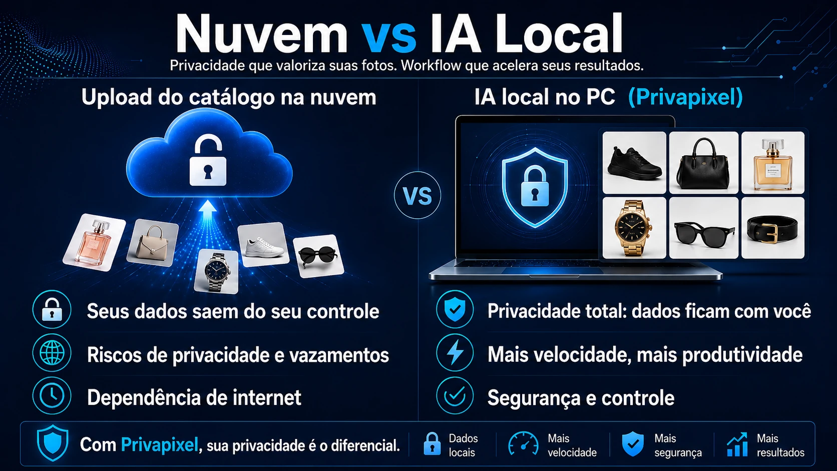 Infográfico comparando upload do catálogo na nuvem versus IA local no PC com Privapixel