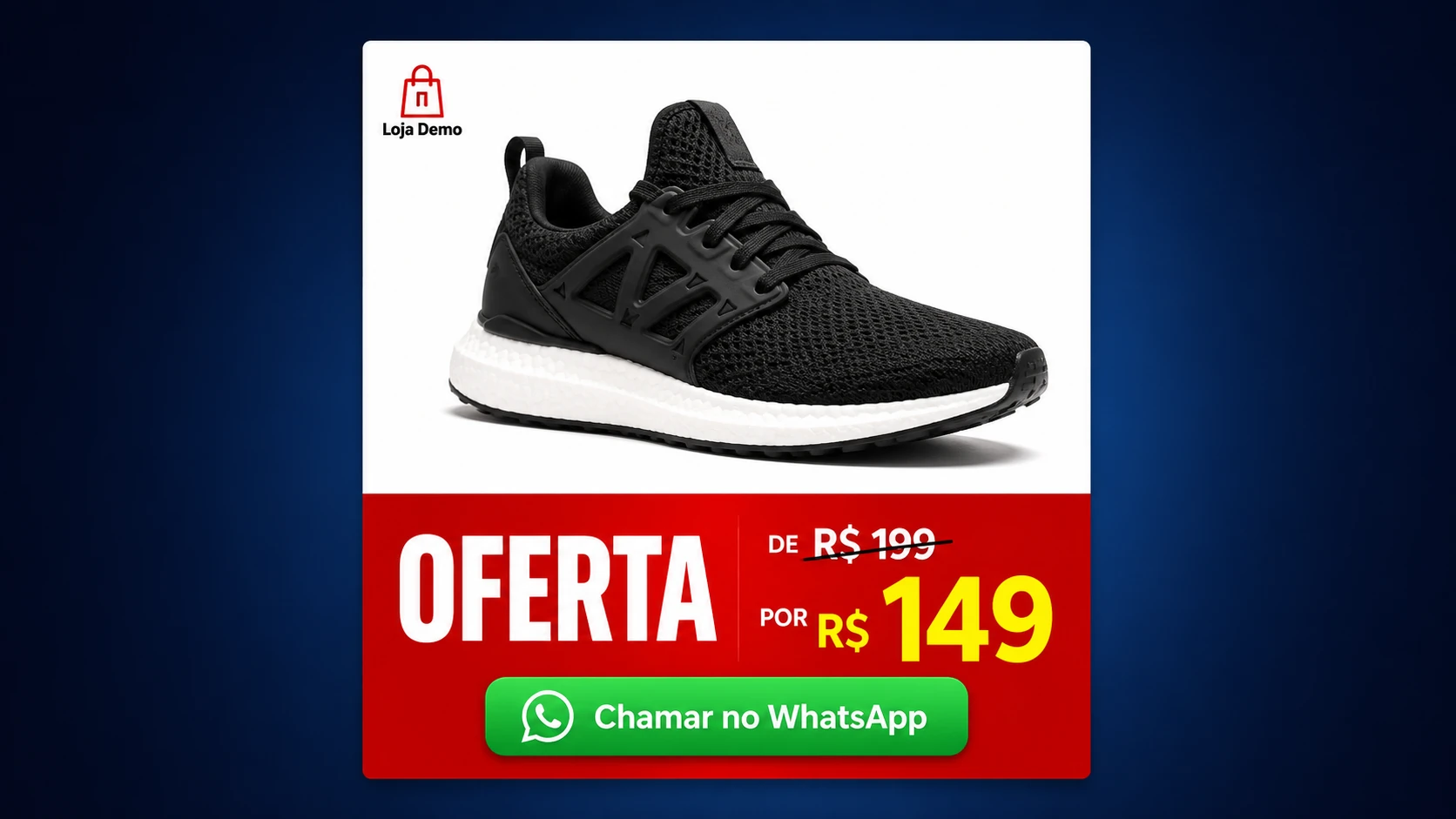 Exemplo de Arte de Oferta com produto, preço riscado, preço novo e botão WhatsApp
