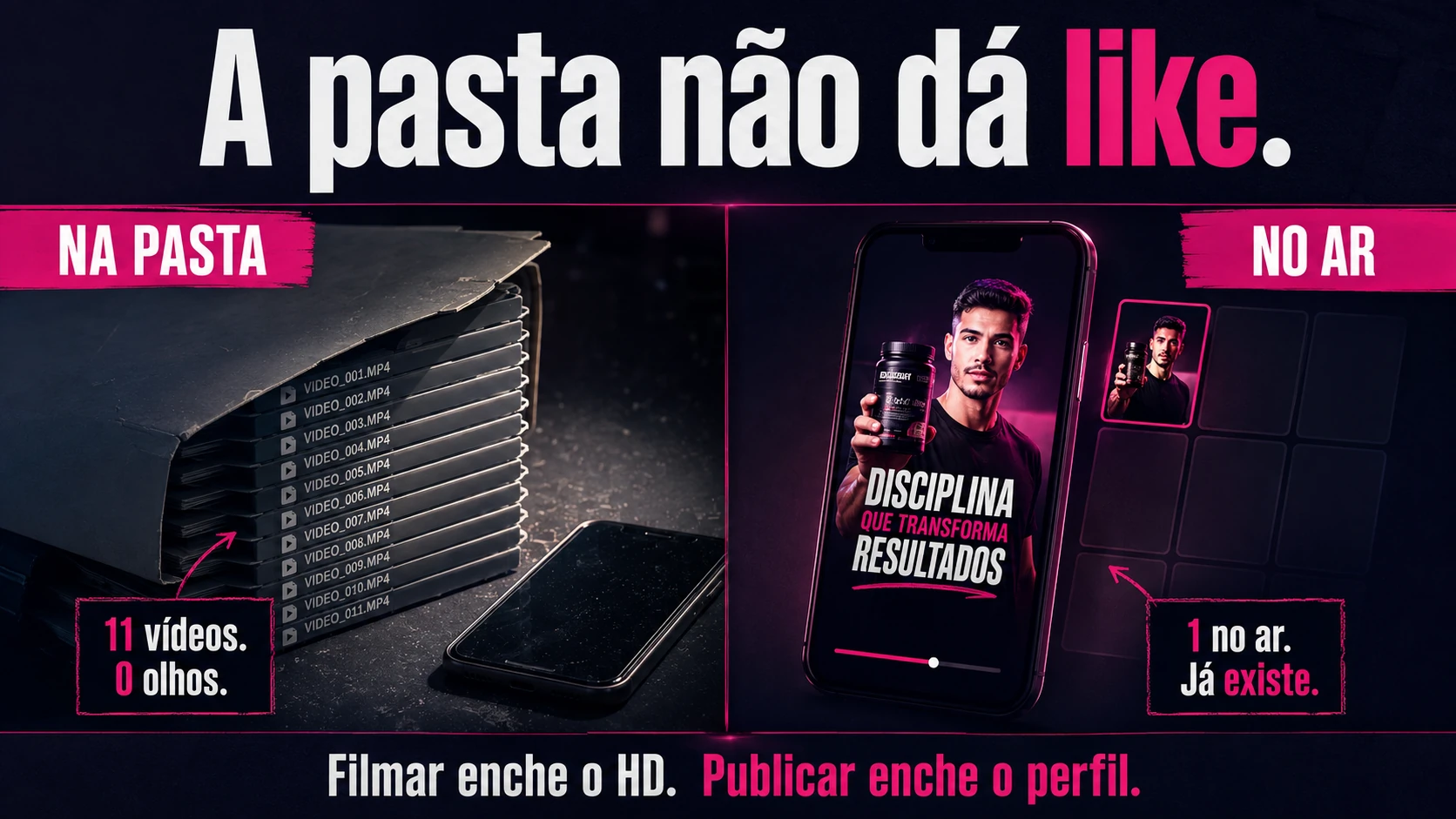 Infográfico: na pasta versus no ar — a pasta não dá like