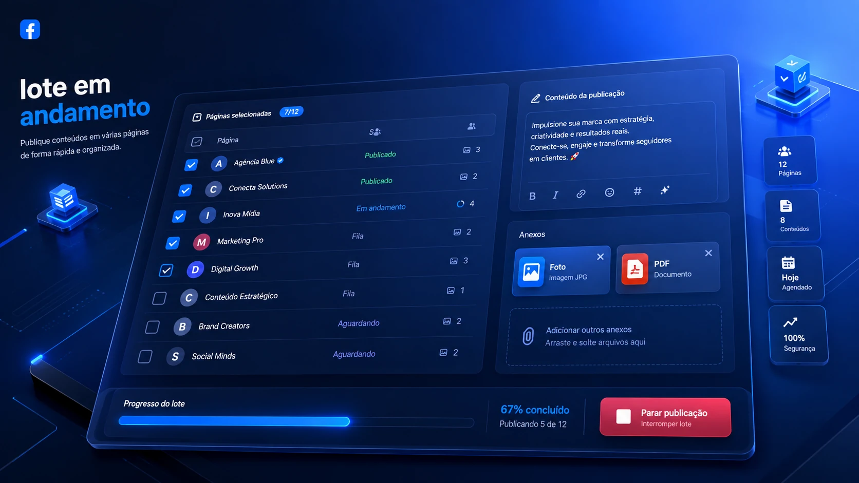 Mockup: lote de páginas do Facebook com anexos e progresso