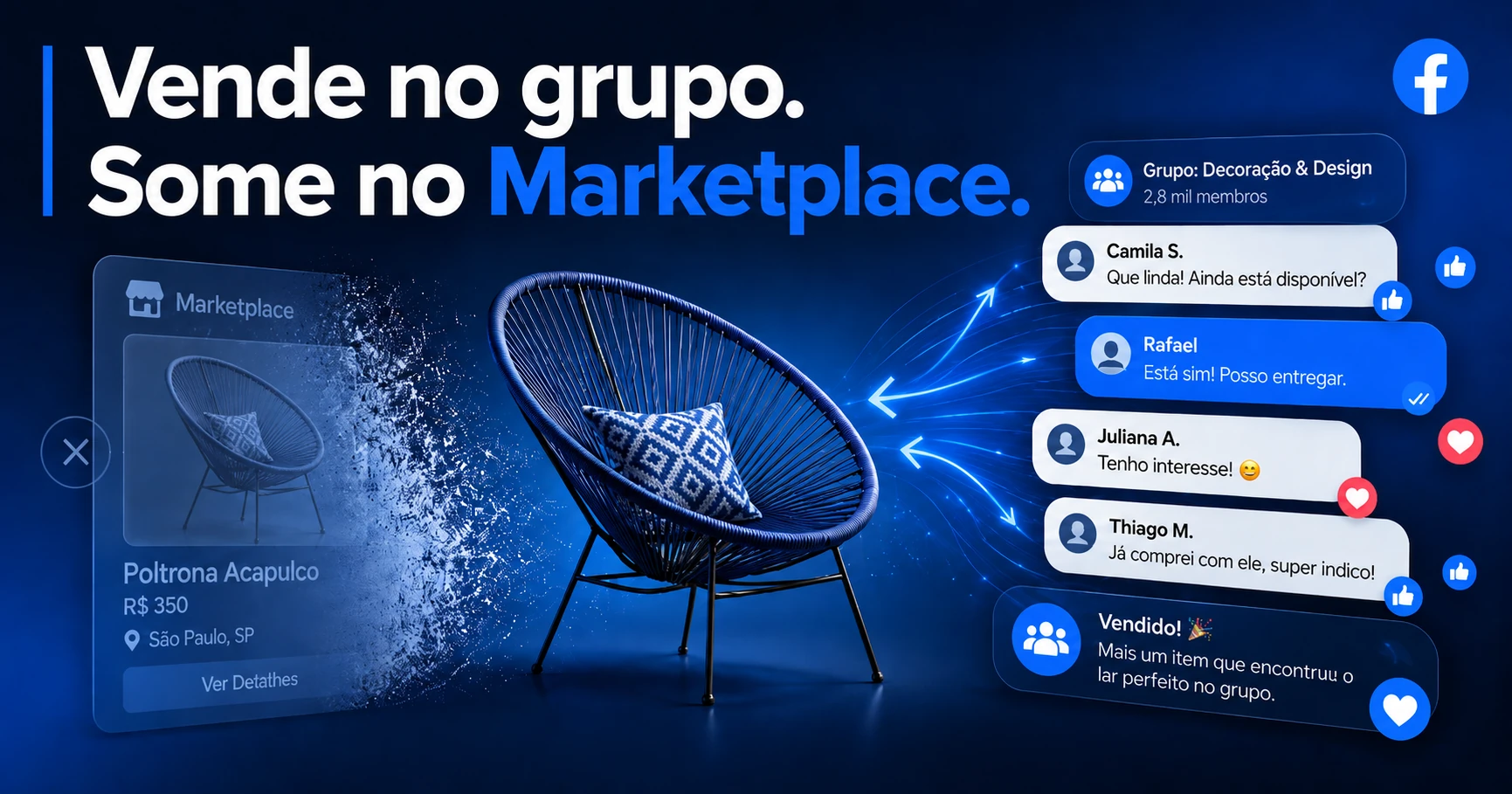 Capa de compartilhamento: Vende no grupo. Some no Marketplace.