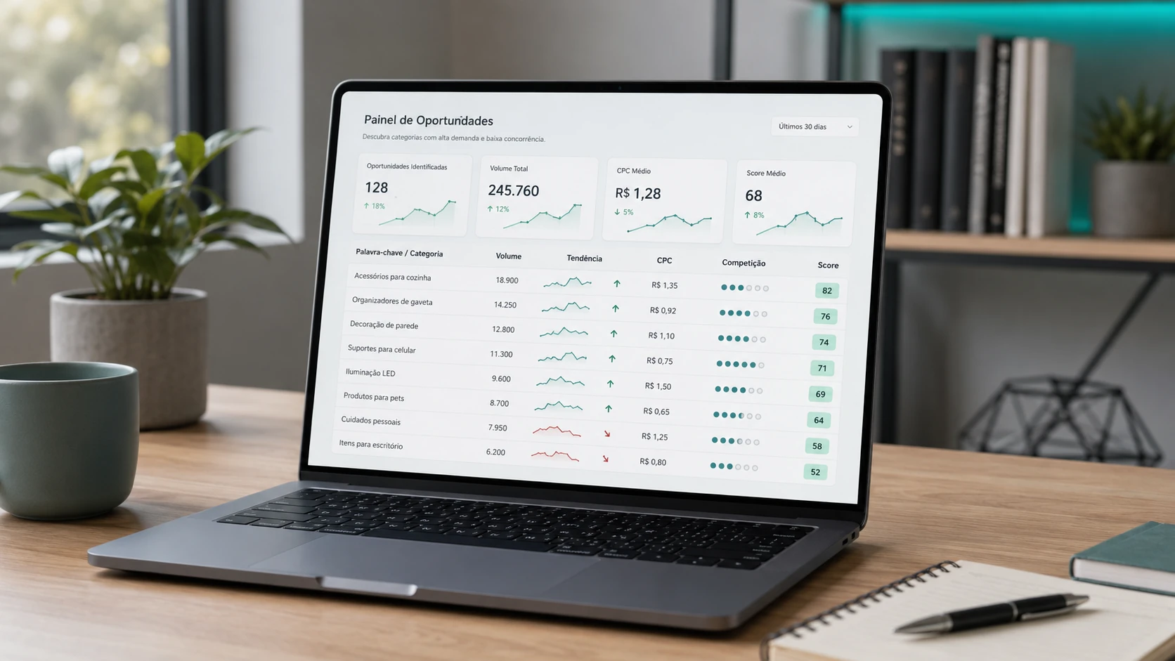 Mockup de painel com métricas de oportunidades de mercado